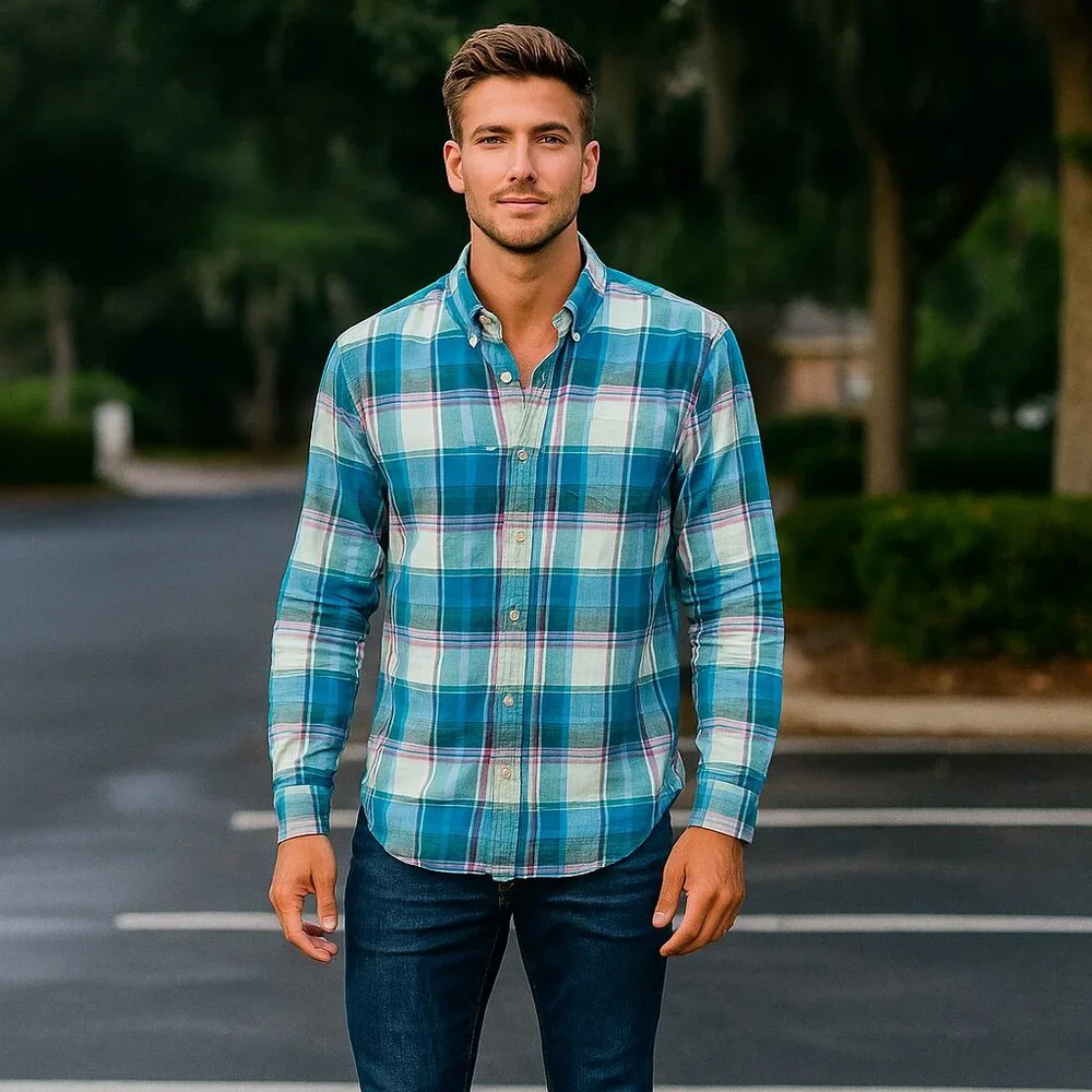 Banana Republic Men M Linen Plaid Long Sleeve Button Down Casual Preppy‎ Shirt